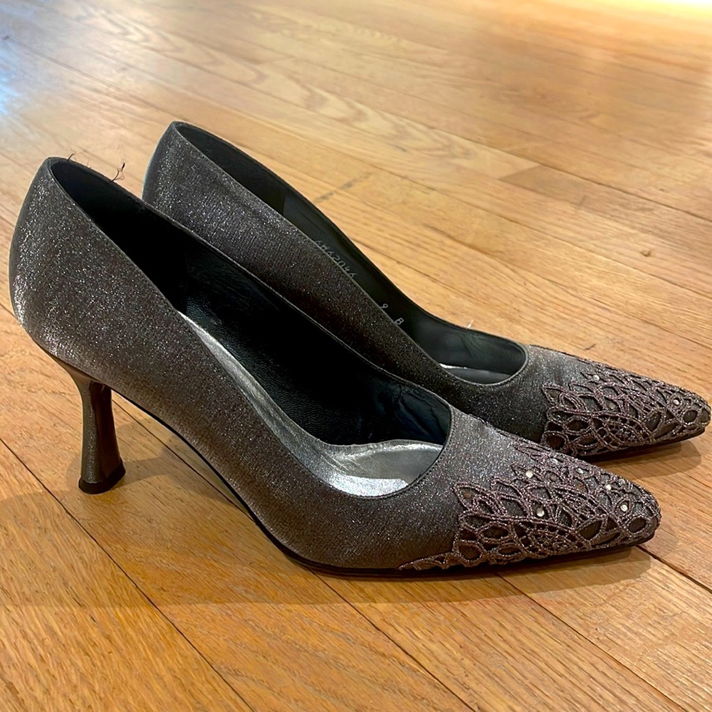 Stuart Weitzman Metallic Charcoal Pointed-Toe Heels with Embellished Toe